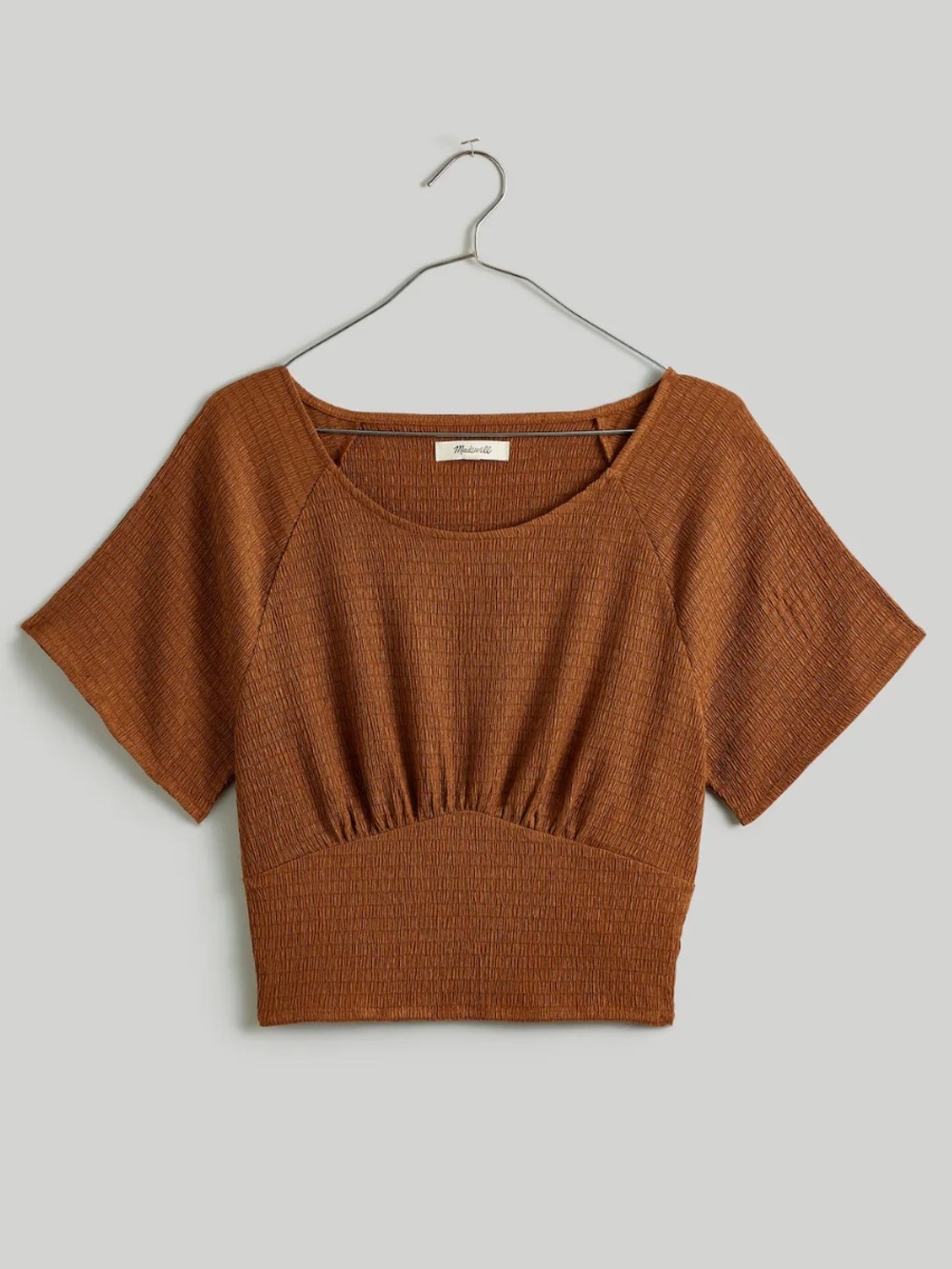 Madewell shirred crewneck crop top in warm coffee brown/orange
